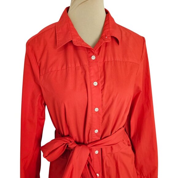 J. Crew Tie Waist Cotton Poplin Cerise Red Button Down Red Shirt Dress Sz 10 - Picture 2 of 7